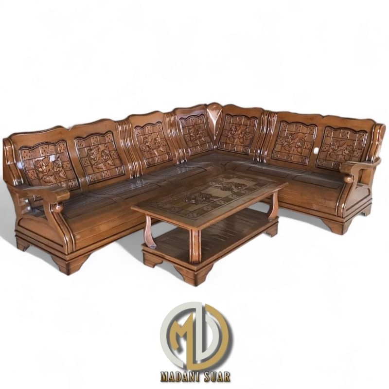 SET KURSI RUANG TAMU SUDUT GAJAH KAYU JATI MOTIF BUNGA