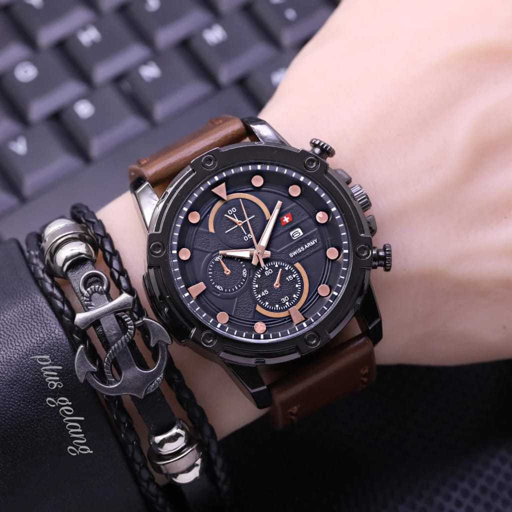Jam Tangan Fashion Pria Swiss K3286 + (Gelang)Tanggal Aktif Tali Kulit Free Box & Baterai