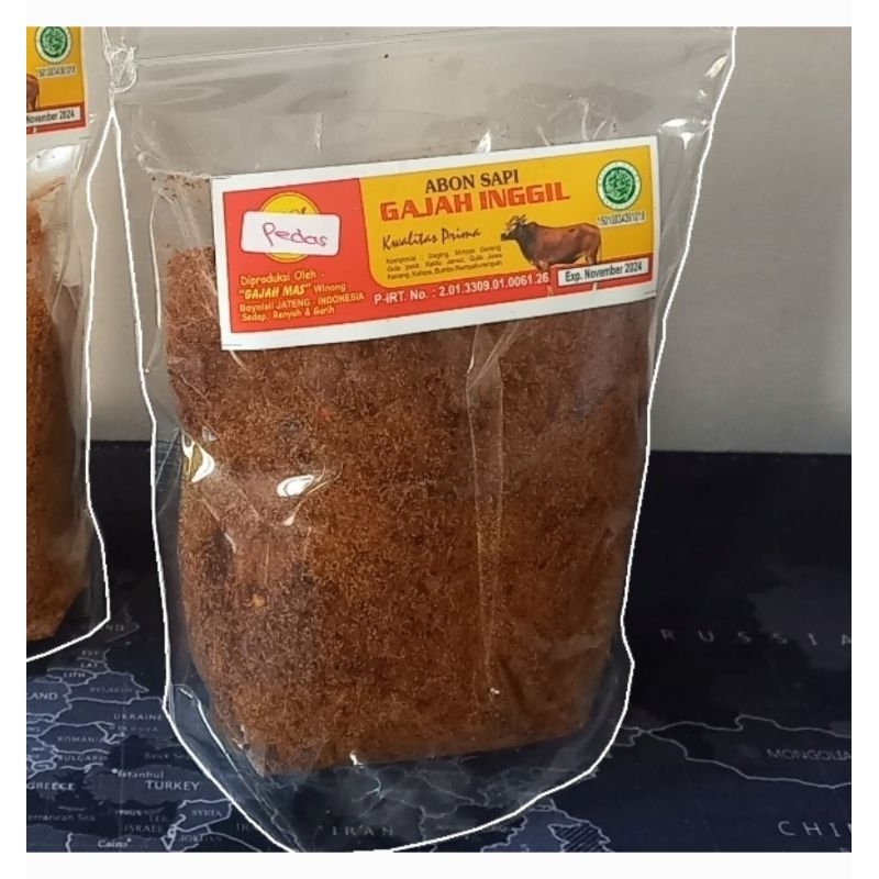 

Abon sapi gajah inggil kemasan pouch 250gr rasa PEDAS