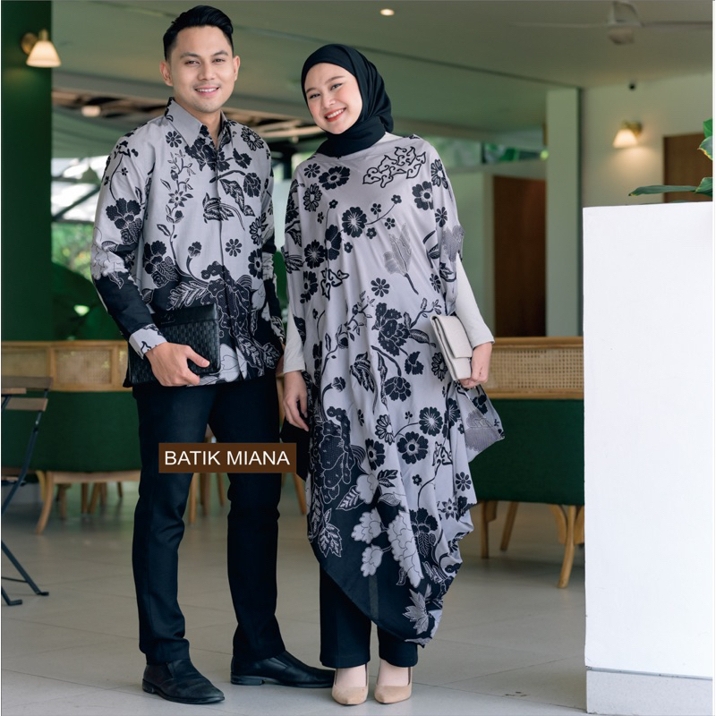 Kemeja Batik Couple Pasangan Motif Bunga Abu Baju Cewek Kondangan Nyaman elegan