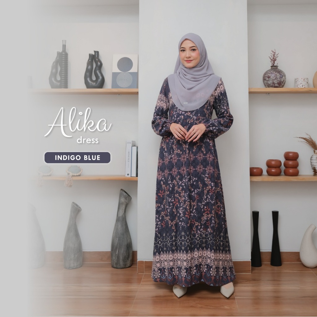 Naisha Official - Naisha Lite Alika Dress | Dress Motif Floral Etnic | Gamis Rayon Motif-Idigo Blue