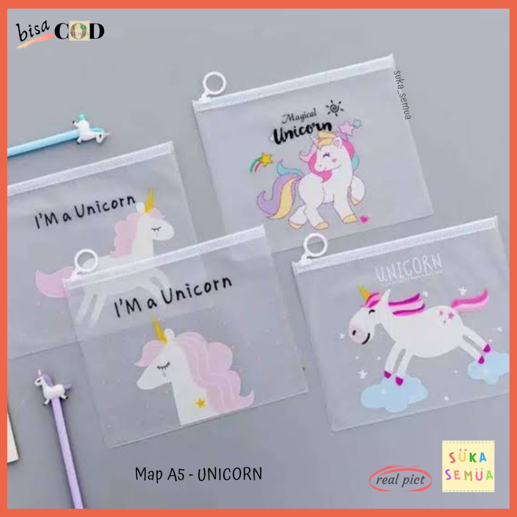 

Map Plastik UNICORN - fancy pouch ukuran A5 dengan Zip Lock Bening Transparan // Pocket File Folder