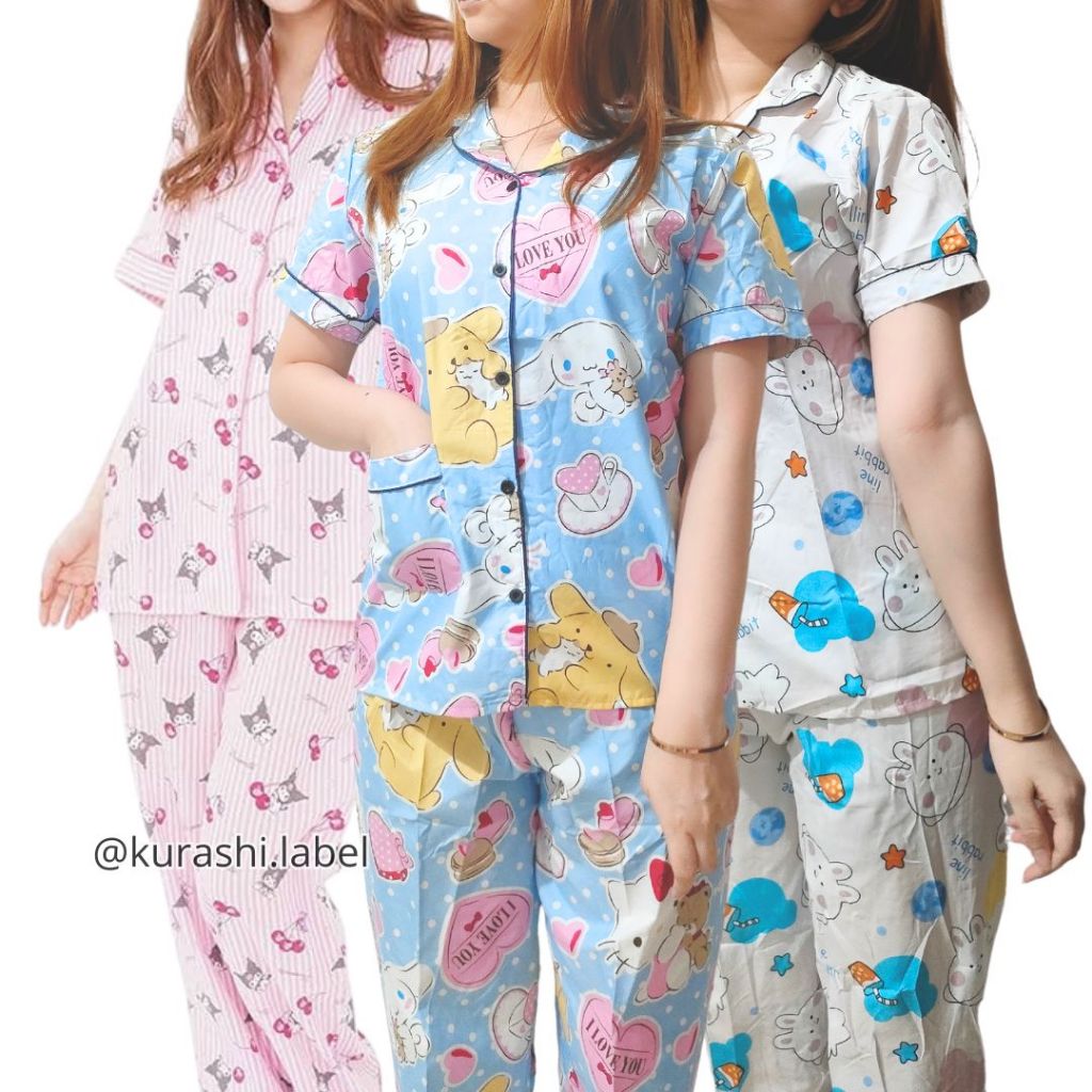 PIYAMA CP MOTIF KARAKTER - lengan pendek celana panjang baju tidur wanita dewasa remaja bahan katun 