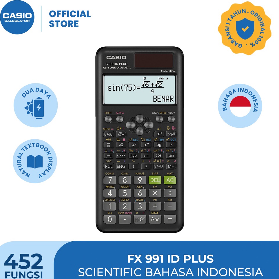 

CASIO KALKULATOR FX991IDPlus 2nd edition BIndonesia Kalkulator SekolahKuliah Scientific 451fungsi ART C4Z9