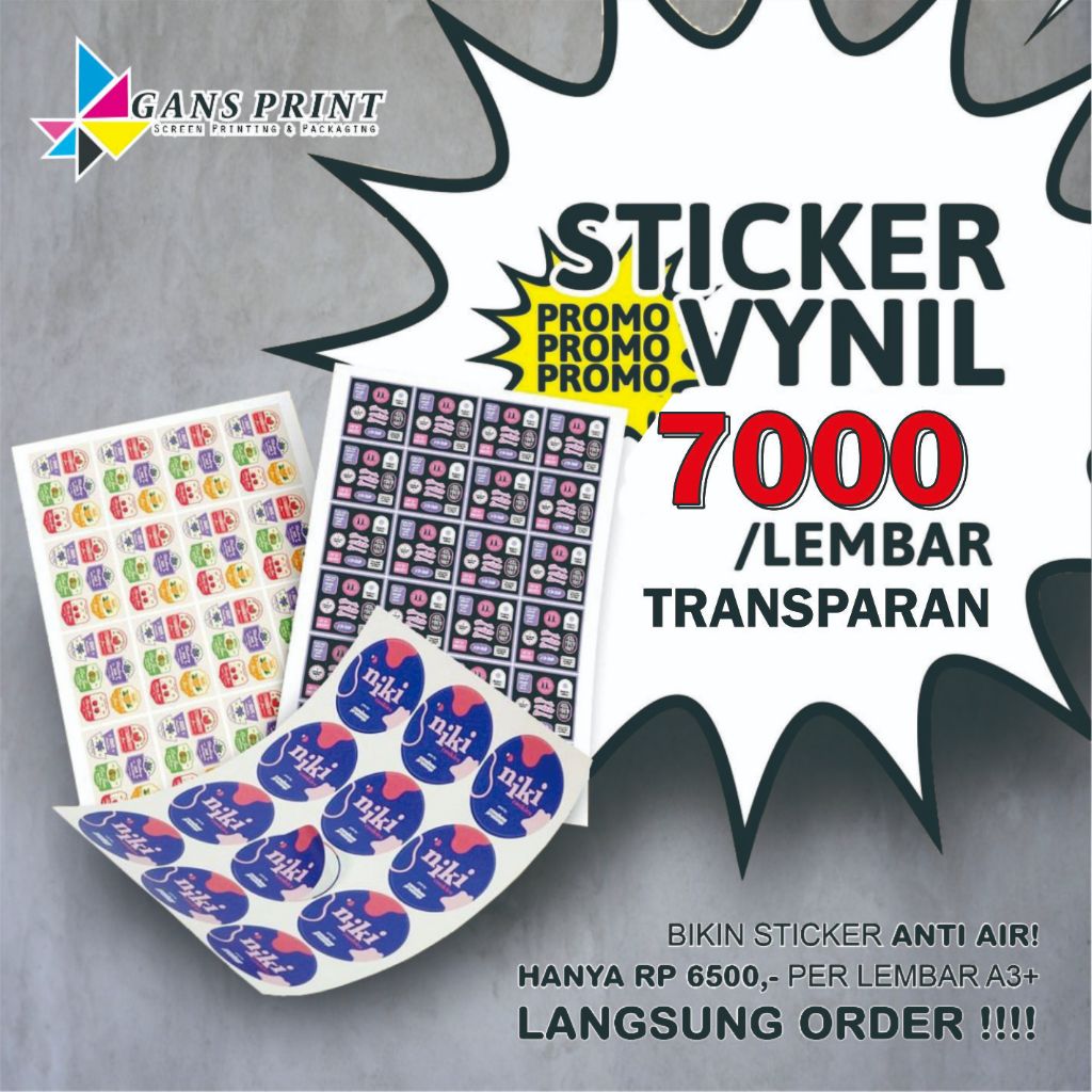 

Cetak Label Kemasan Stiker Vynil Transparan Anti Air + Cutting + Laminasi