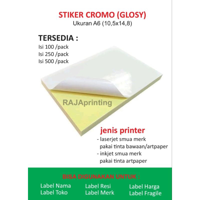 Kertas Stiker Cromo A6, stiker glossy isi 100,250,500/pack
