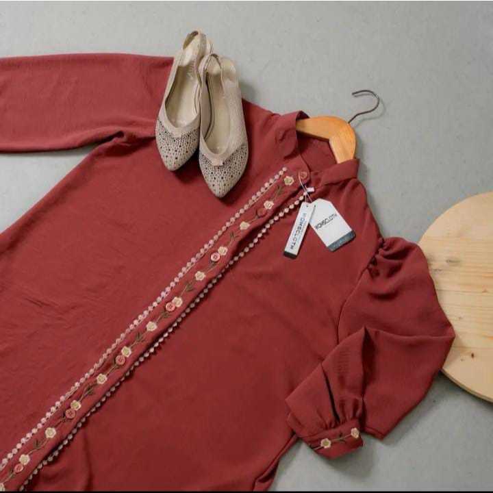 Womscloth - Midi Dress Crinkle Bordir - Dress Lebaran Busui Kancing Lengan Panjang - Gamis Wanita Muslim Terbaru-Choco