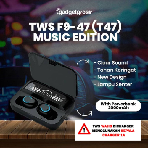 TWS F9-47 Earphone Bluetooth Wireless Headset T47  F9 47 LCD Indikator Baterai with Powerbank 3000mA