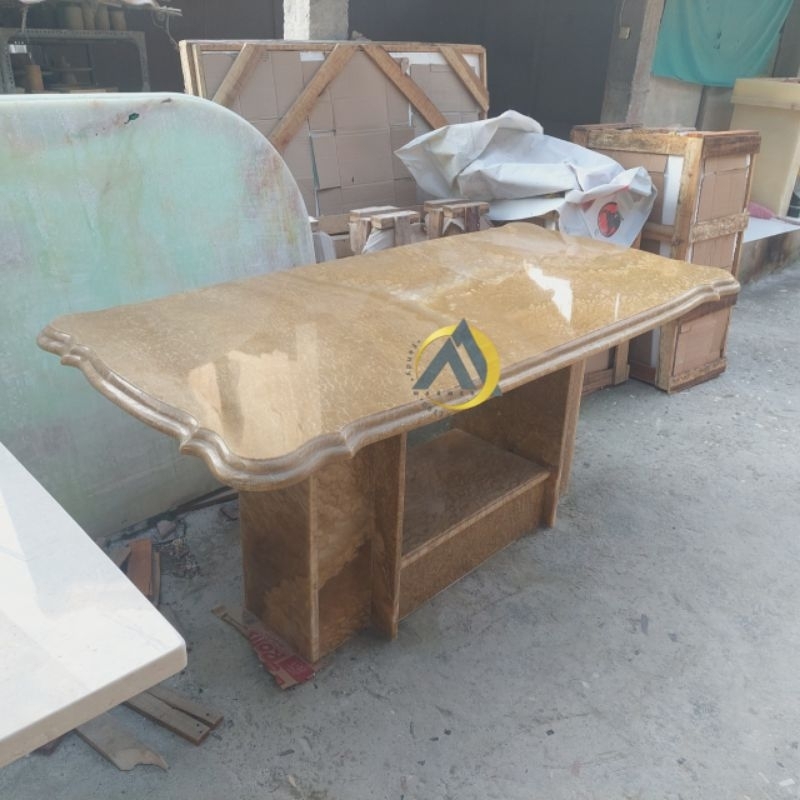 Meja makan daun mawar kaki koran bahan full batu onix coklat 180x90