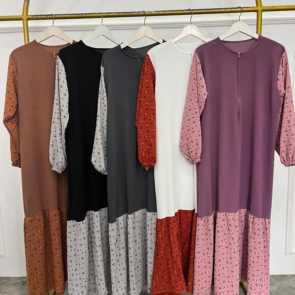 ( FREE HIJAB BERGO ) Fauziah Dress Kombinasi Rempel Rayon Motif Gamis Wanita Crinkle Airflow