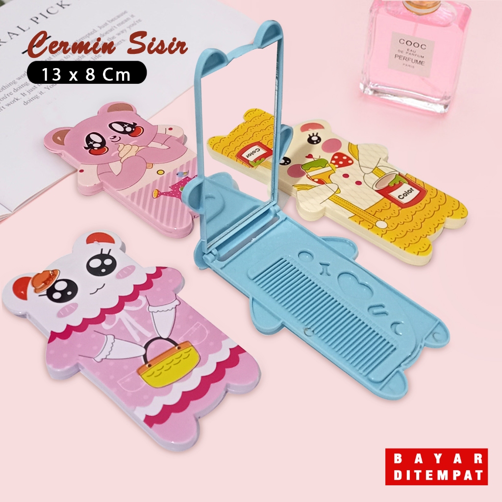 Cermin sisir lipat bentuk beruang lucu kaca rias kecil cermin saku sisir mini