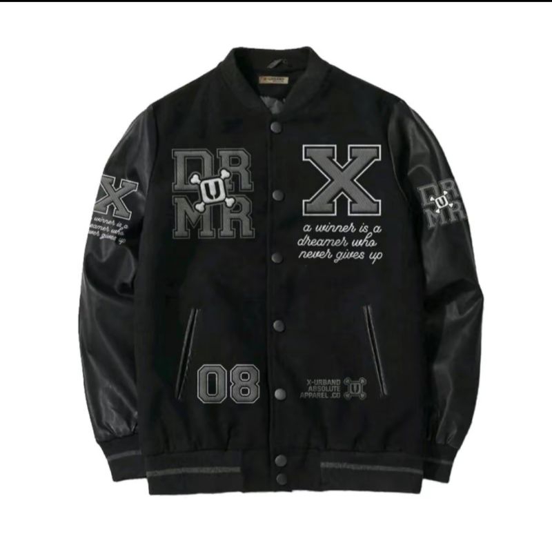 jket vristy full bordir kombinasi kulit pria hitam casual baseball panjang bomber keren distro