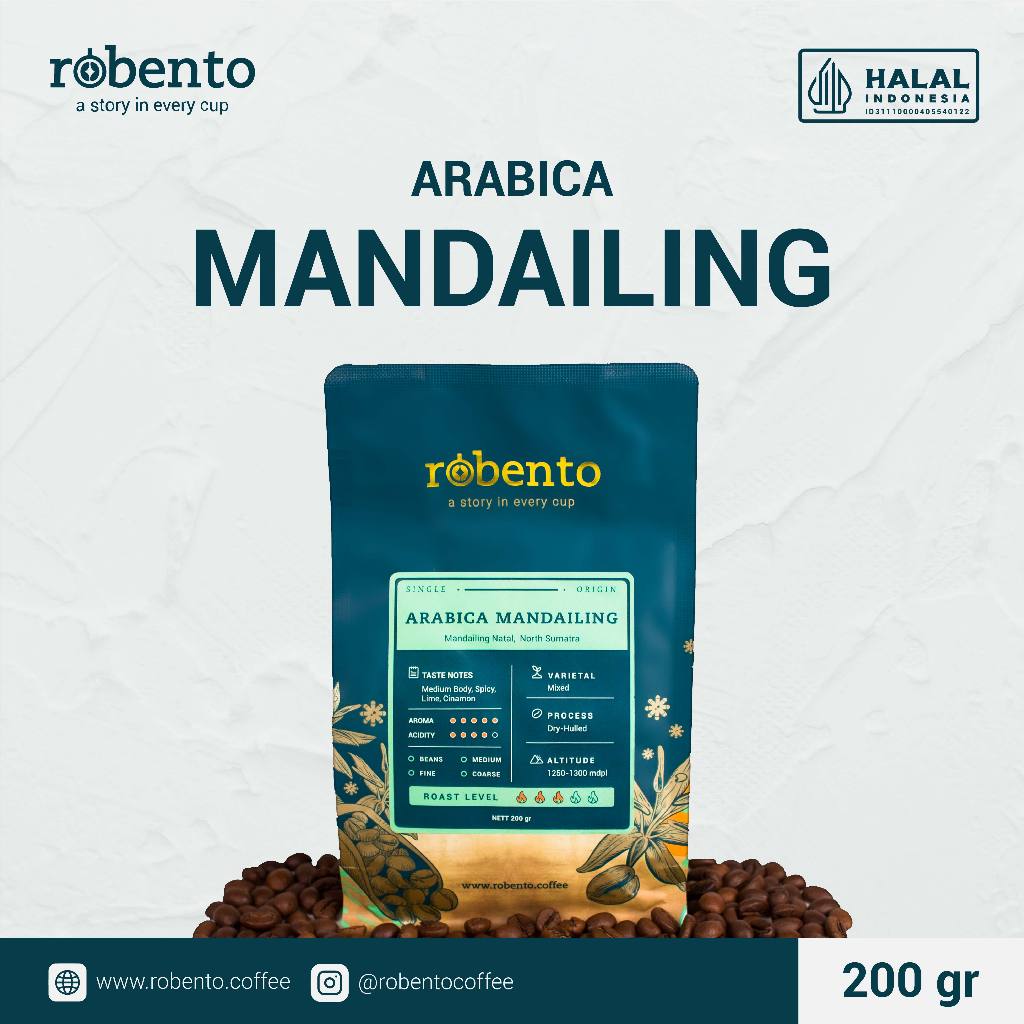 

Robento - Mandailing Arabica 100% Grade 1 200gr | Single Origin Sumatra | Biji Kopi Sangrai Kualitas Ekspor | Roasted Coffee beans