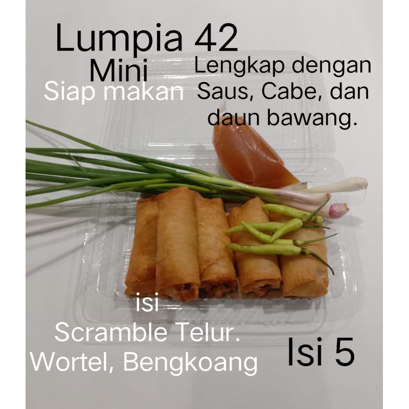 

Lumpia mini 42 isi 5 Lengkap dengan saus cabe dan daun bawang di jamin nagiiiih...