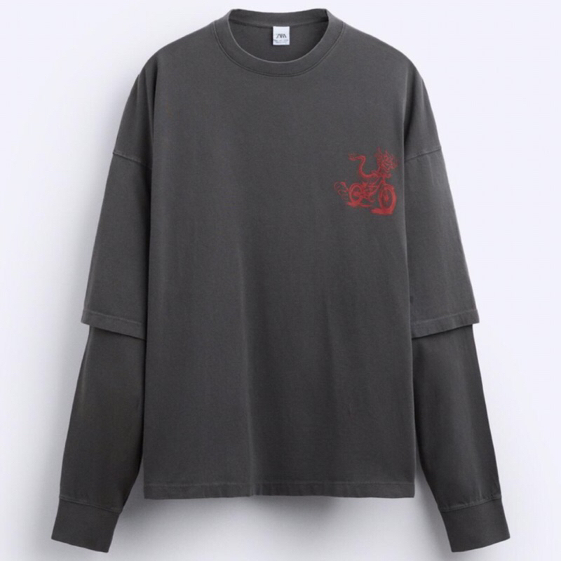 ZARA Men Dragon Print T-Shirt Kaos Pria Lengan Panjang Dark Grey