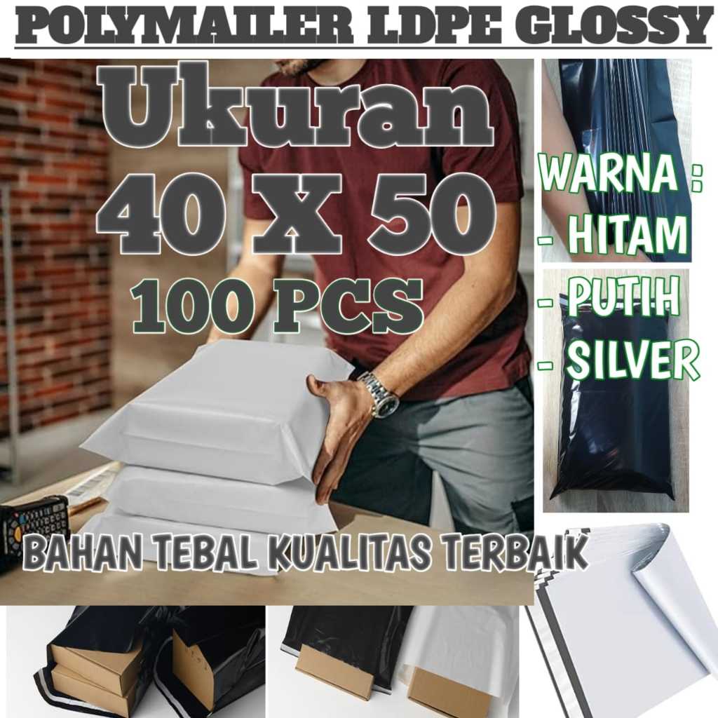 

POLYMAILER GLOSSY Polymer Polimer Besar Ukuran 35x45 -40x50 isi 100 Pcs Warna Hitam Putih Silver