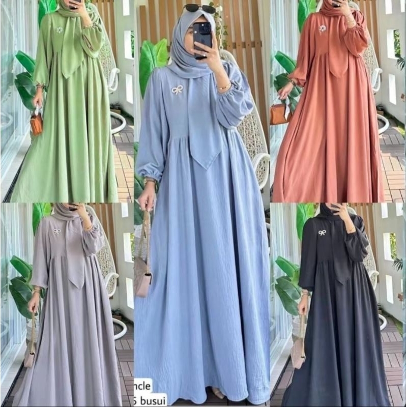 Gamis Aluna Syair Satu Set Hijab Segi Empat //Gamis Crinkle Airflow Premium Jumbo //Gamis Aluna Busu