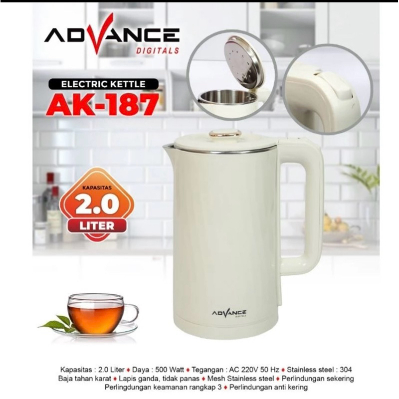 Teko Listrik Advance AK-187 2 Liter - Hitam/Putih, Stainless Steel 304, Kontrol Suhu 40°C-100°C