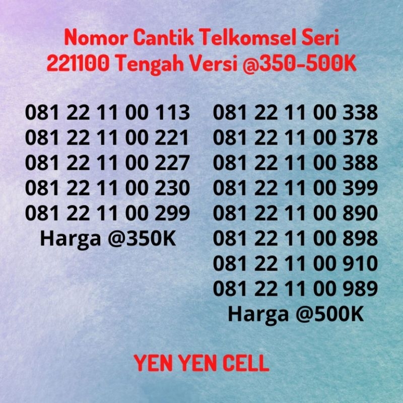 Nomor Cantik Kartu Perdana Telkomsel Simpati Seri 221100 / 22 11 00 Tengah / AABBCC / AA BB CC XDD /