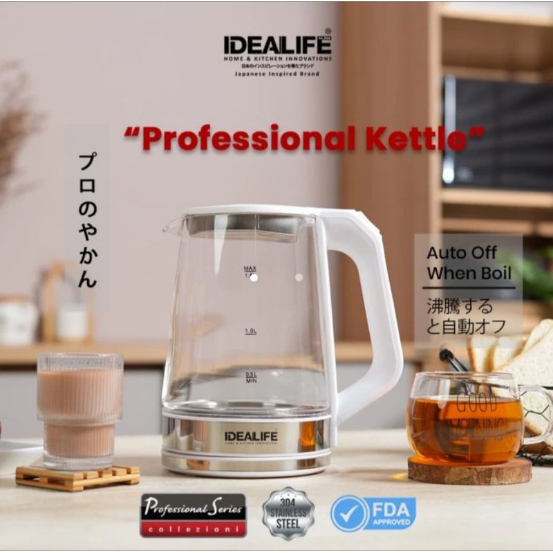 Electric Kettle/ Teko Listrik Kaca IDEALIFE 1.8Litre IL-113s jumbo