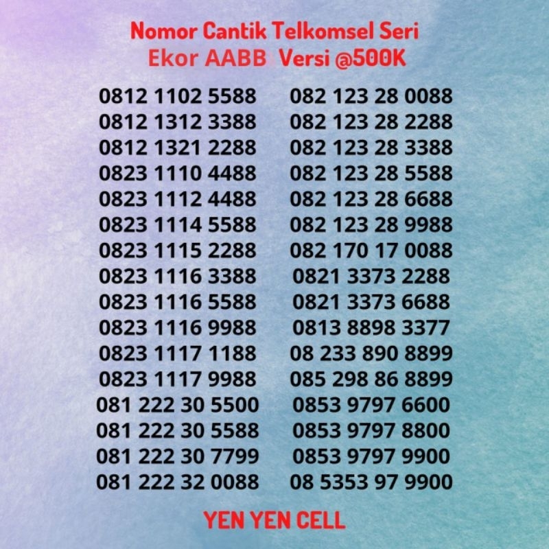 Nomor Cantik Telkomsel Kartu Perdana Simpati Seri Ekor Ujung AABB Belakang Versi @500K - Nomer Buntu