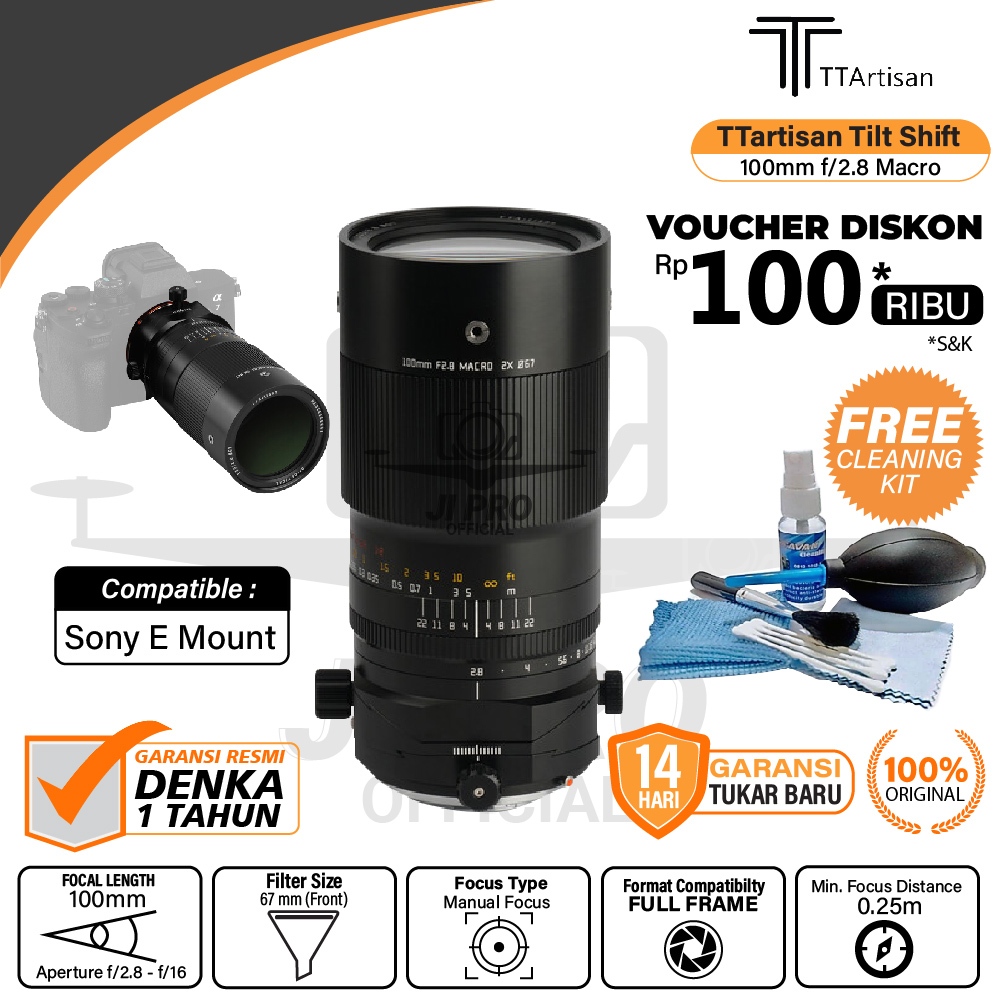TTArtisan Tilt Shift 100mm f2.8 Macro 2X Sony E Fullframe 100 TS Resmi