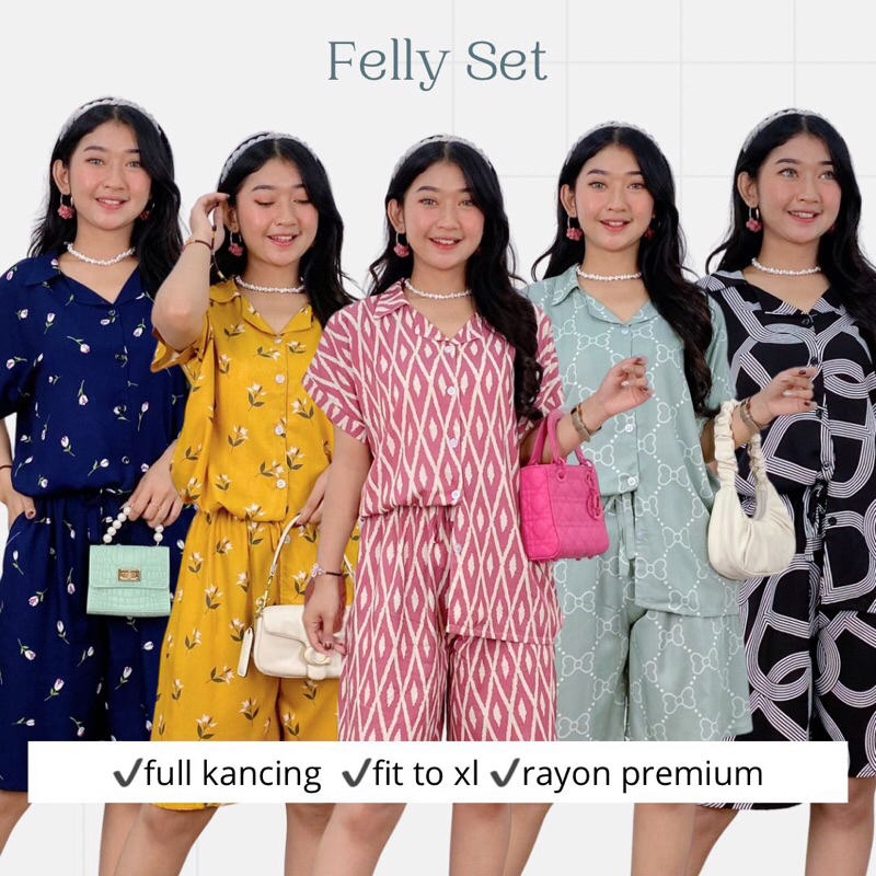FELLY SET // SETELAN LENGAN PENDEK CELANA PENDEK // FIT TO XL // KERAH PIYAMA // ADA KANTONG // RAYO