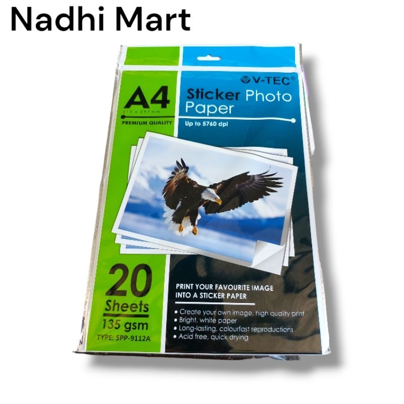 

GLOSSY STIKER V-TEC A4 135GR / V-TEC STICKER PHOTO 135GSM A4 20 LEMBAR / KERTAS STIKER FOTO A4 135GSM 20 LEMBAR