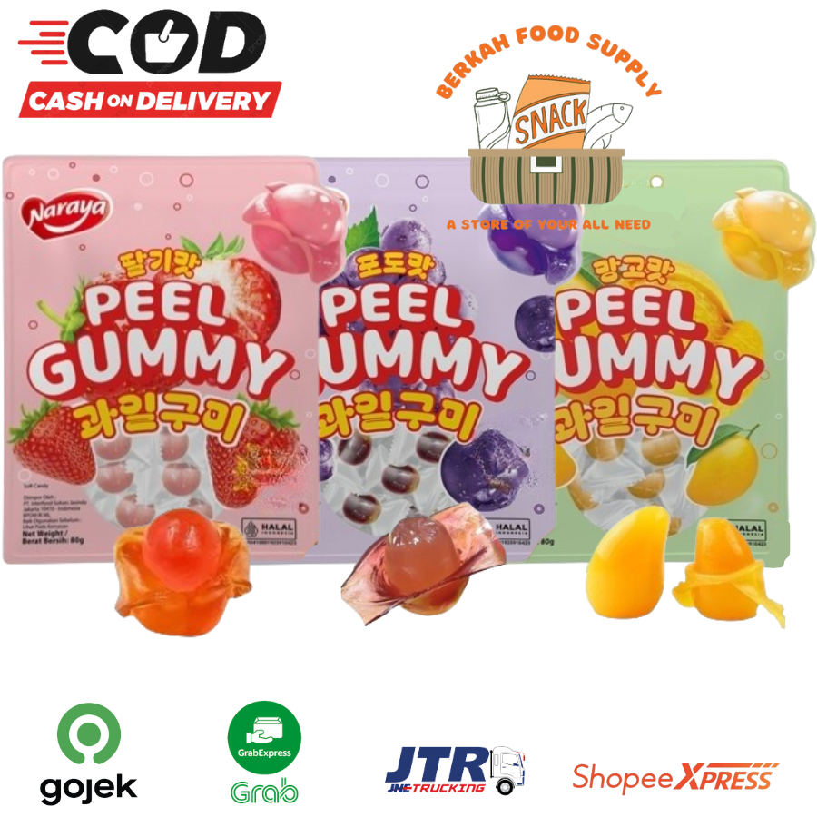 

[ BERKAH ] Naraya Peel Gummy 80gr Jelly Fruit Candy Strawberry Grape Mango Permen Jeli Lunak Snack Cemilan Anak