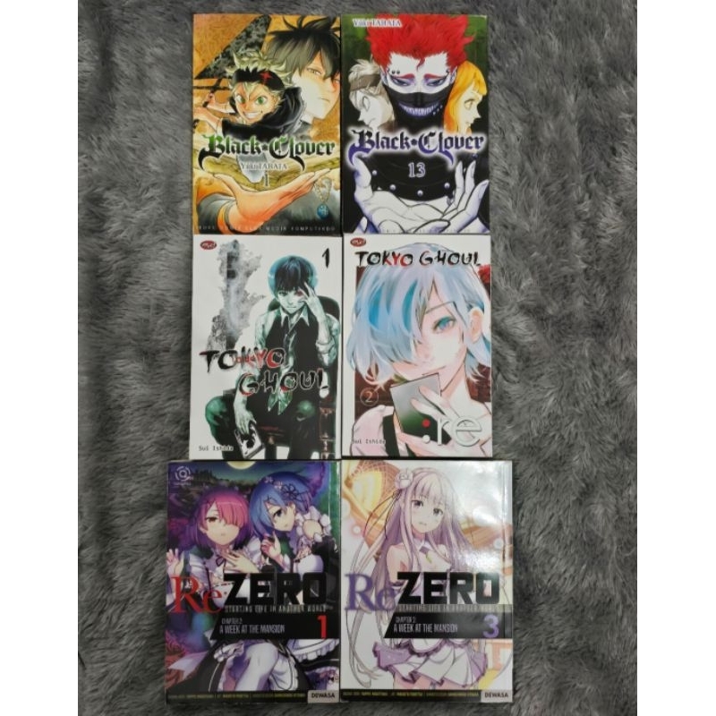 Black clover Vol 1 & 13, Re Zero Vol 1 & 3 dan Tokyo Ghoul Vol 1 & 2 Bahasa Indonesia