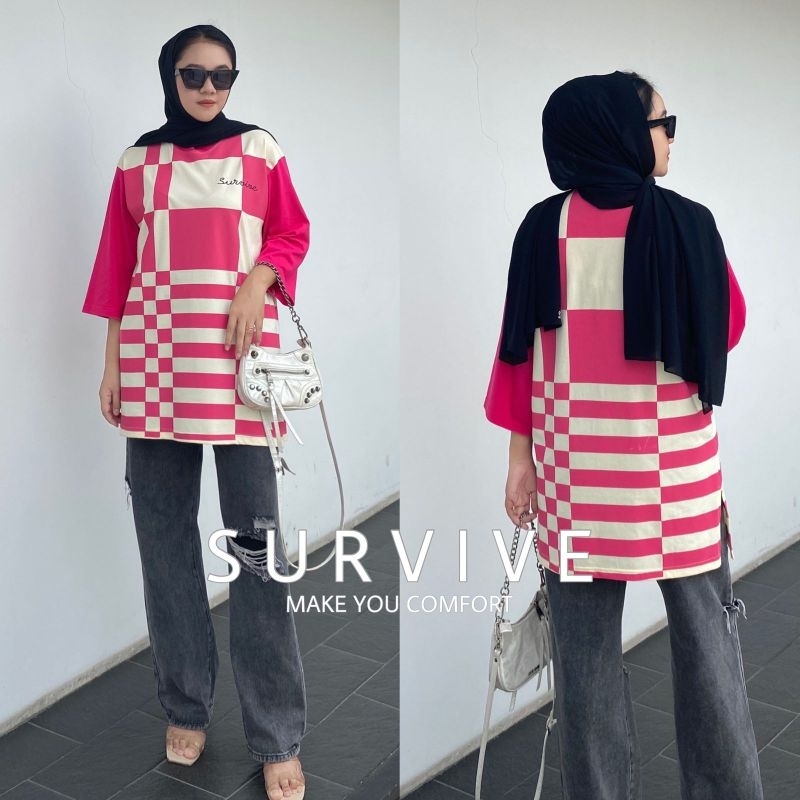 Kaos Survive Wanita Oversize Lengan 7/8 / Atasan Blus Wanita Ld120 / Baju Wanita Oversize Lengan 7/8