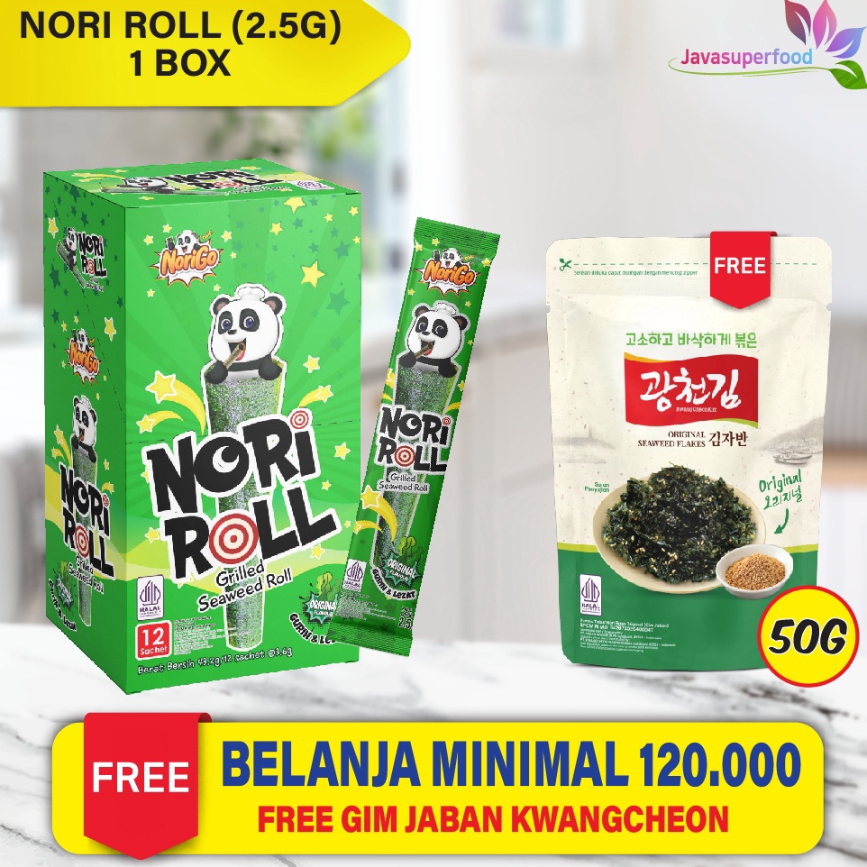 

Norigo Snack Nori Roll Grilled Seaweed Roll 1 box isi 12Pcs Snack Rumput Laut 25g