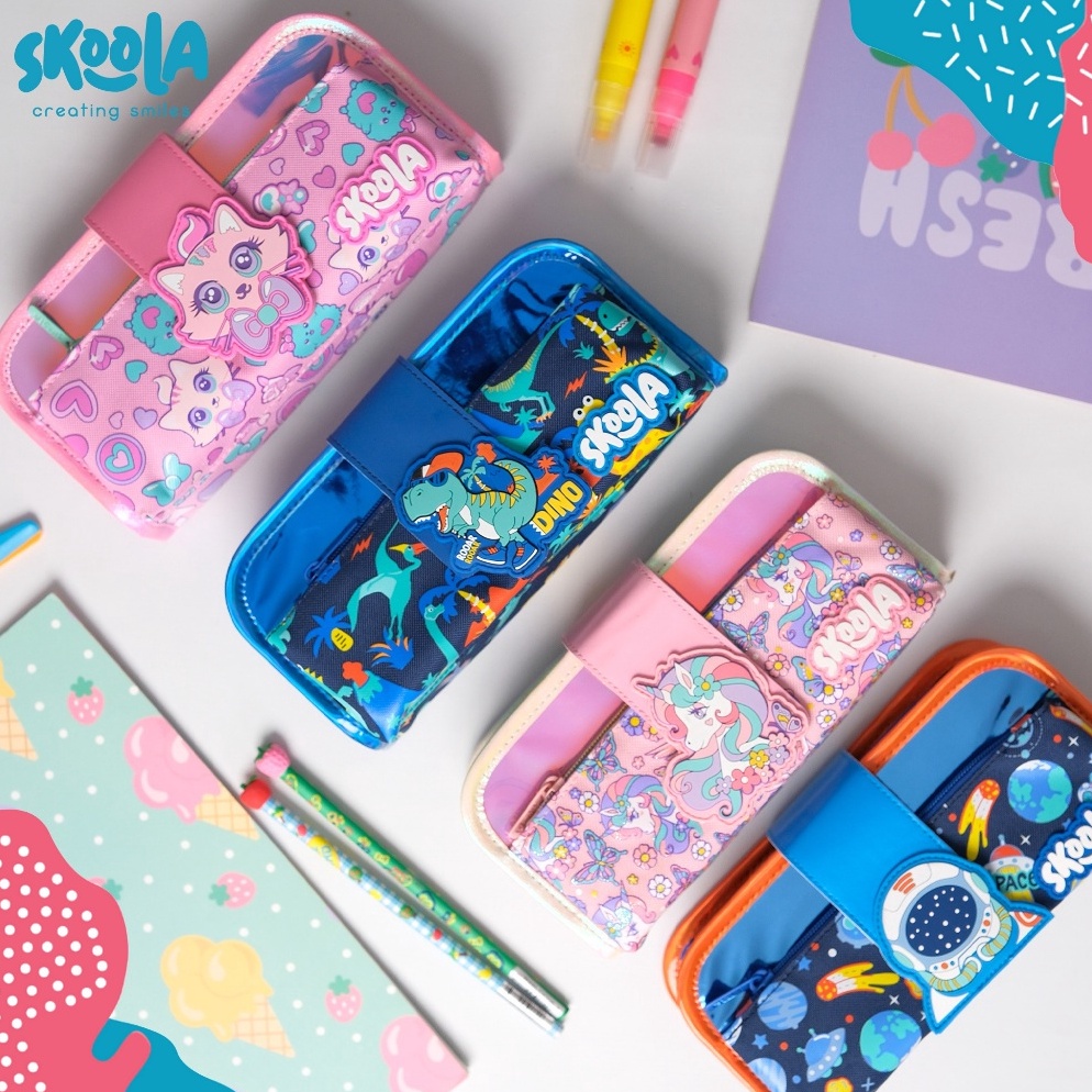 

ART D99N Skoola Tempat Pensil Lipat 3 Pencil Case Threefold Anak Laki Laki Lucu Dinosaurus Astronot Pensy