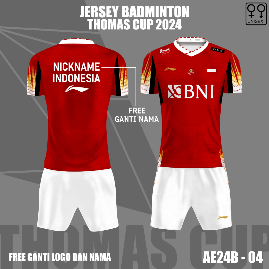 Jersey setelan badminton thomas cup 2024 baju olahraga bulutangkis free custom nama dan logo