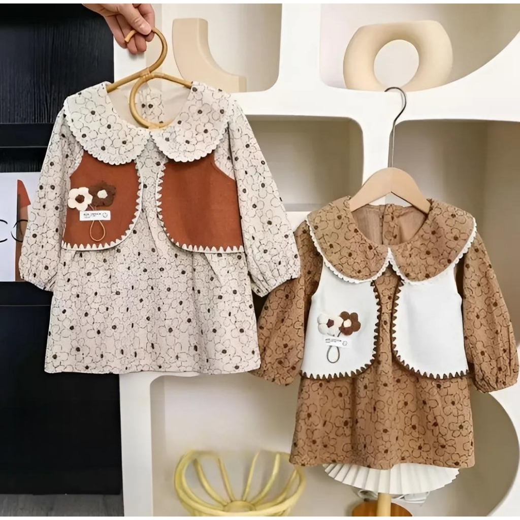 Dress Anak Perempuan Usia 1-4 Tahun Motif Bunga Bunga Lengan Panjang Serut Krah Rempeli Rompi Cordur