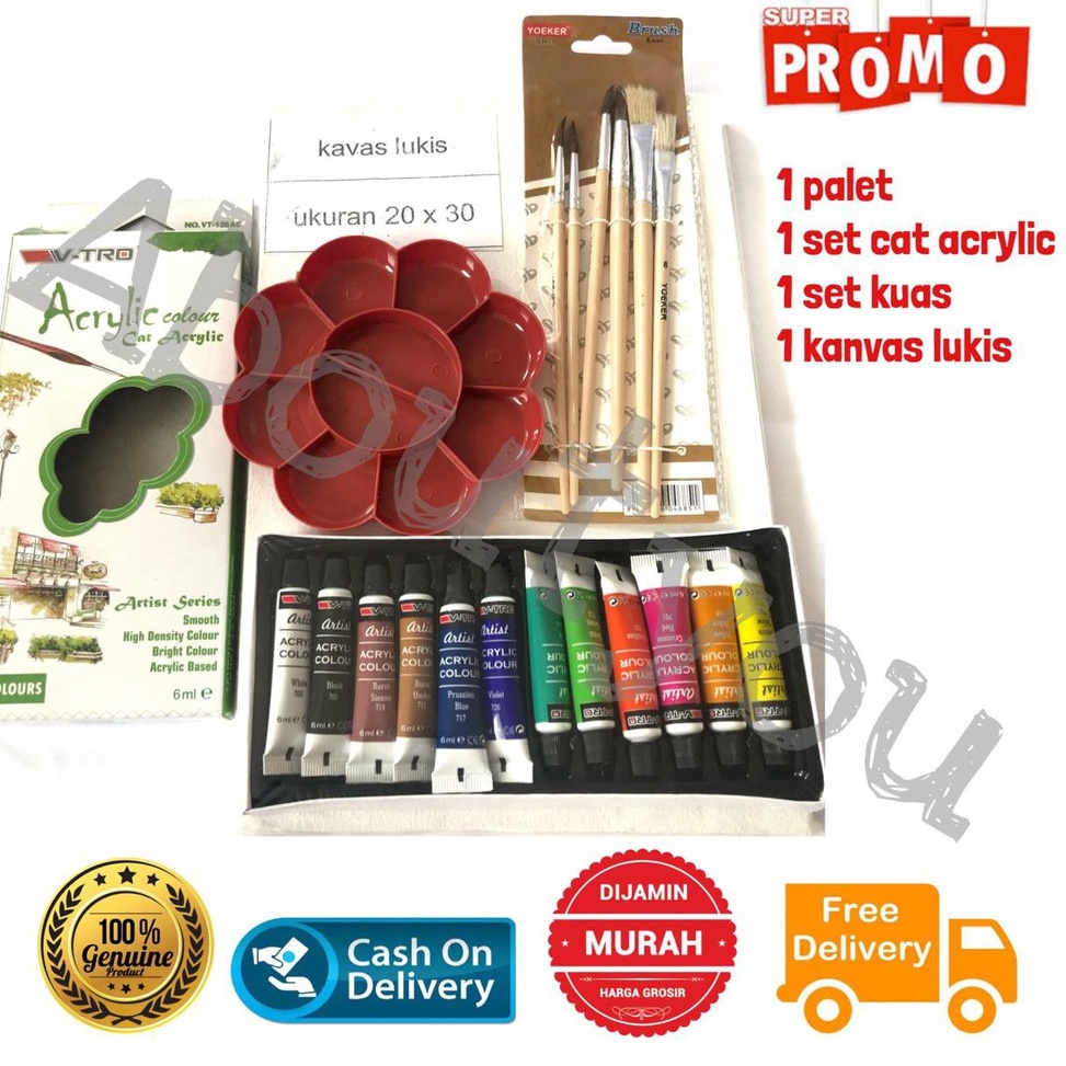 

ART A67E PAKET LUKIS KOMPLIT 4 in 1 KANVAS Besar Cat Akrilik Palet Kuas Set Melukis Lengkap