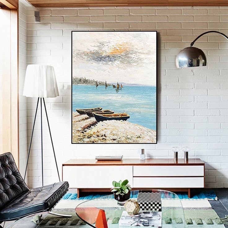 lukisan pemandangan laut perahu media kanvas