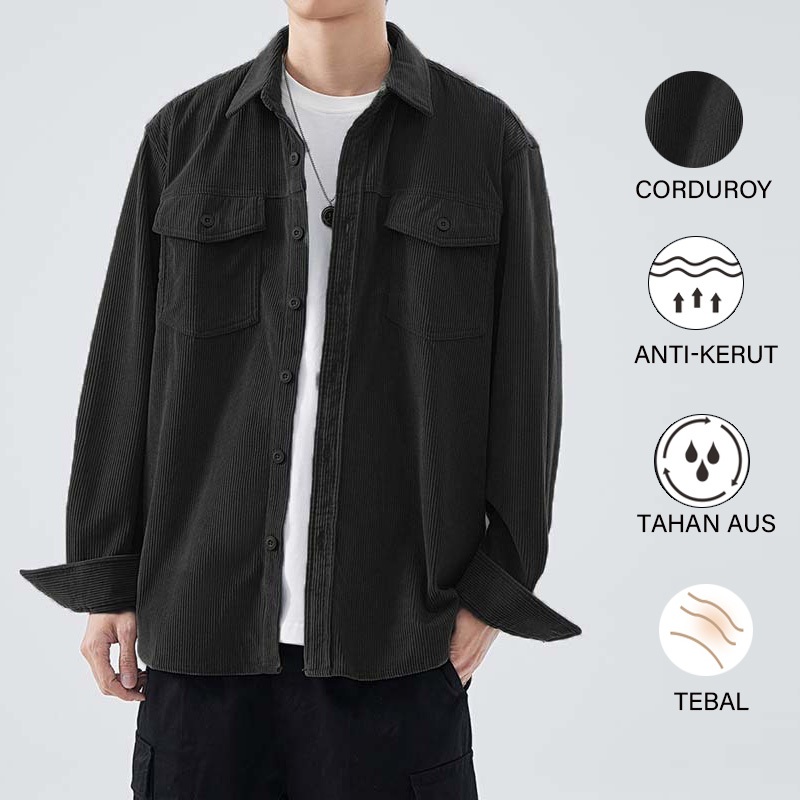 Corduroy Lengan Panjang Pria Kemeja Outer Casual Kasual Jaket Pria Corduroy Jaket Pria hitam - Kemej
