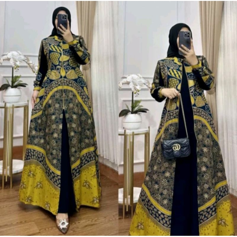 gamis batik kombinasi polos long cardi 2in1 terbaru