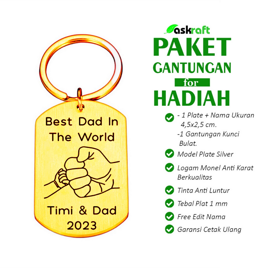 Askraft Gantungan Kunci Dog Tag Ukir Nama & Gambar Gold