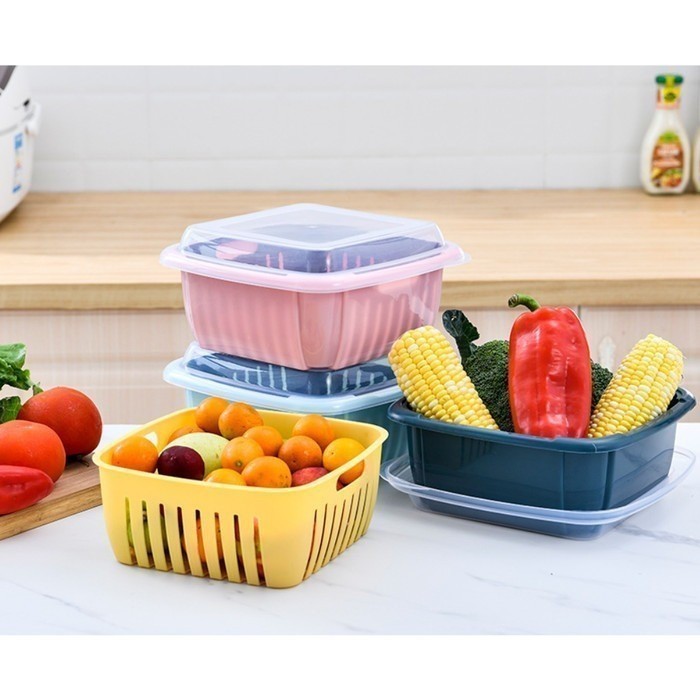 Baskom wadah saringan cuci buah sayur 2in1 plus tutup serbaguna
