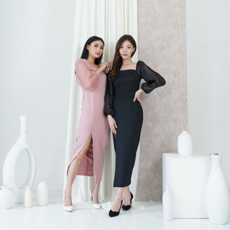 dress panjang dress scuba organza Ivy