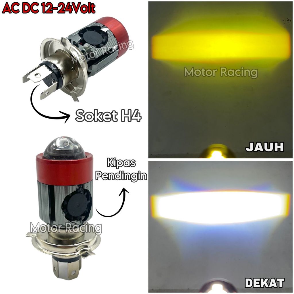 Lampu Utama LED H4 - Lampu depan tipe Laser + Kipas Pendingin - Lampu utama Motor Putih Kuning