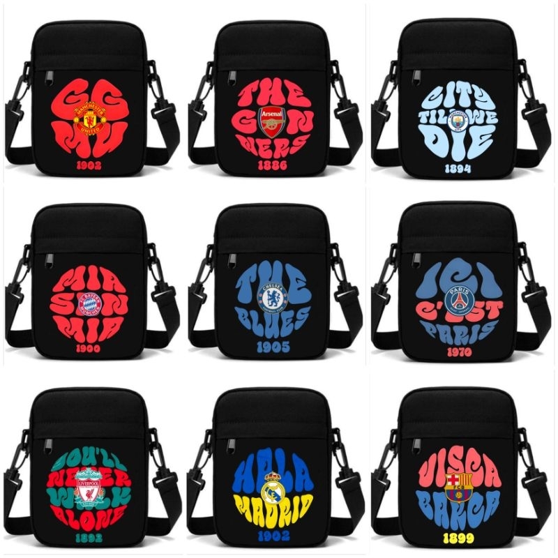 Tas Selempang Hitam Club Bola Design Globe Bahan 100% Kanvas Cordura / Tas Selempang Pria Mini Motif