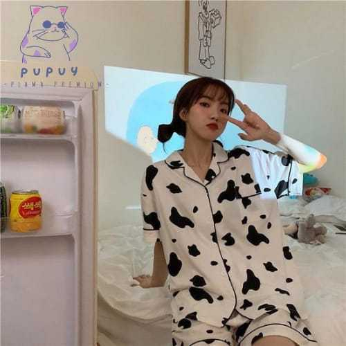 Pupuy Piyama Premium One Set Wanita Remaja Korea Motif Sapi Baju Tidur Wanita Dewasa Kancing Lengan 