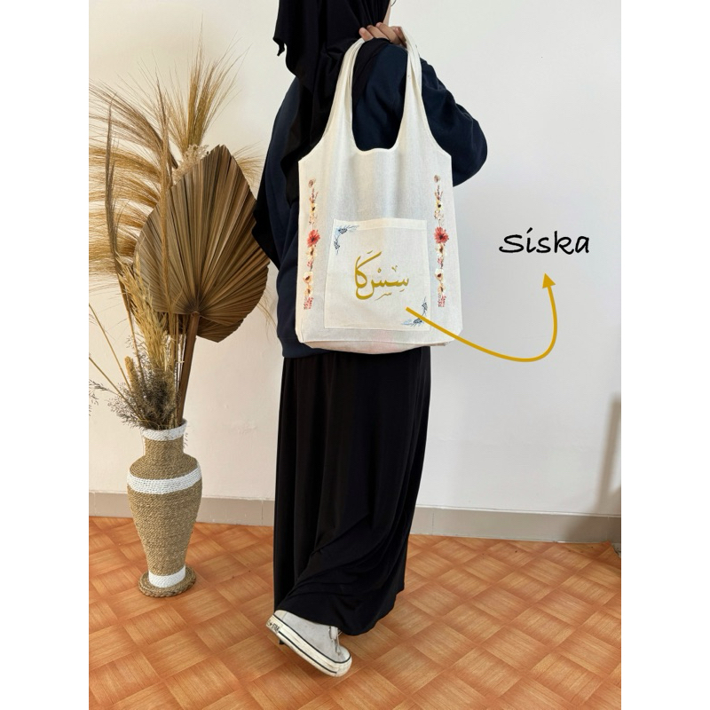 Tas Tote Bag Custom Nama Kaligrafi Arab Tas Selempang Bahy Wanita Muslim Haji Umroh Premium