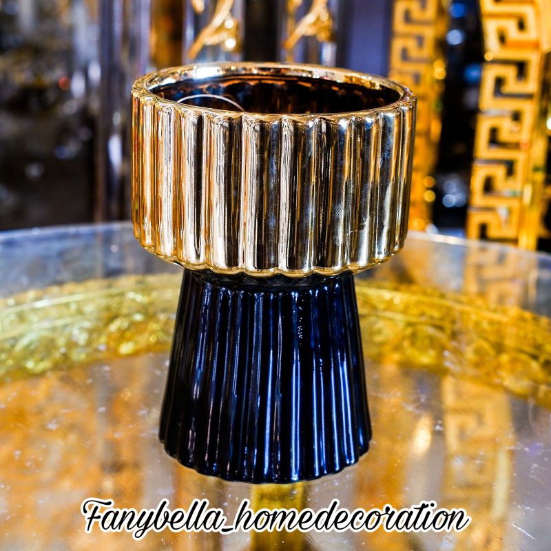 Vas Bunga Keramik Hitam Putih Gold Emas Guci Keramik Dekorasi Rumah/FANYBELLA