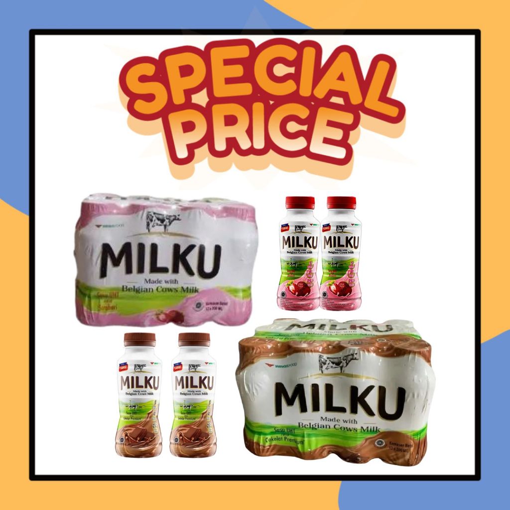 

MILKU 1 DUS (Isi 12pcs) Susu Cair UHT Rasa Strawberry / Coklat Susu Kemasan Botol