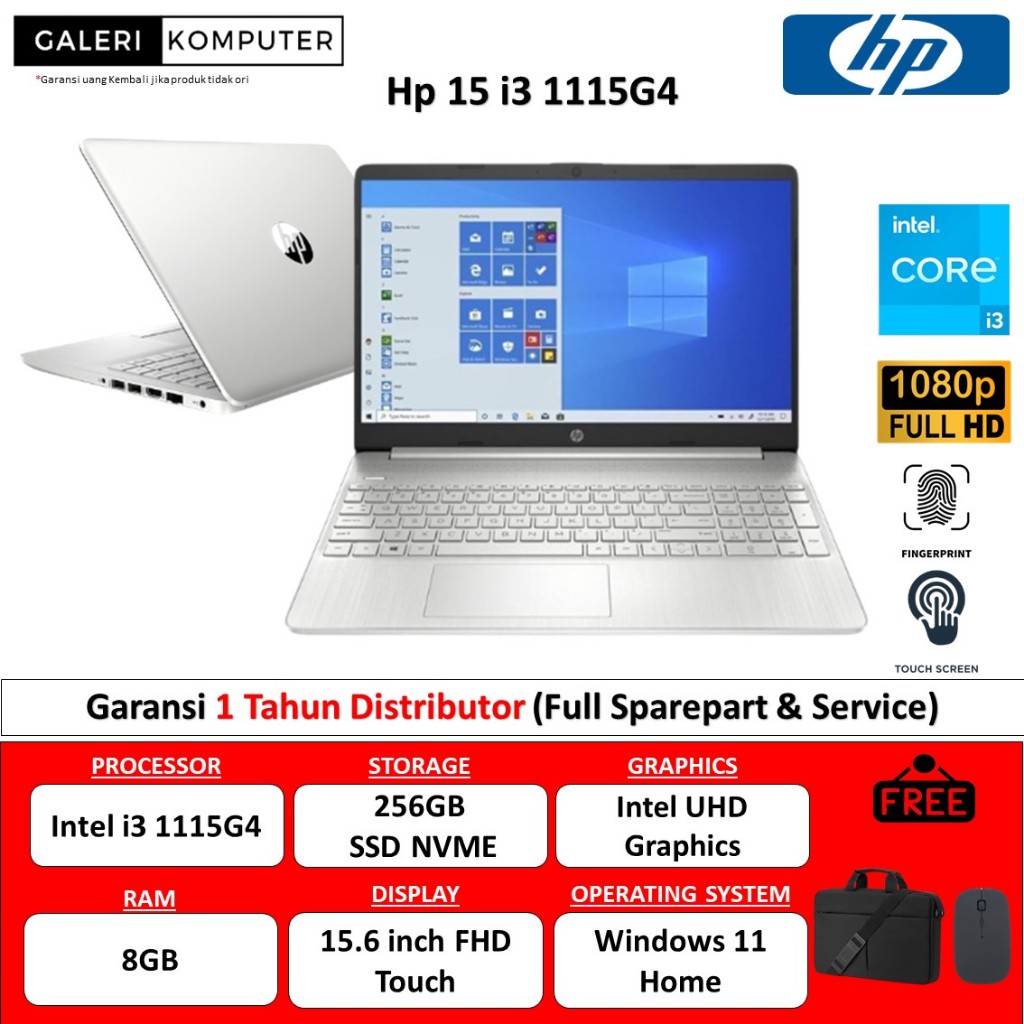 Laptop Slim HP 15 Intel i3 1115G4 8GB 256GB SSD FHD Touchscreen Windows 11