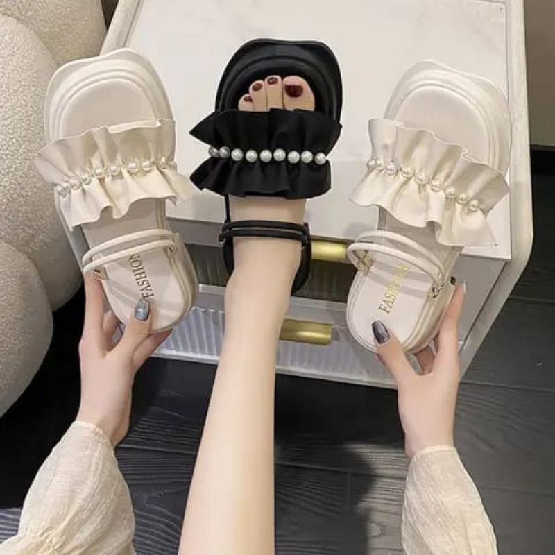 DS Sandal Wedges Tali Wanita Korea Fashion Kerut Mutiara Amd02